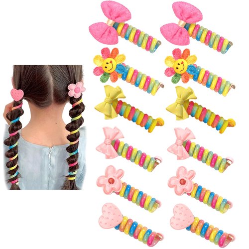 14PCS Rainbow Telephone Cord Hair Bands for Women, Colorful Bowknot Hair Ties, Flower Spiral Hair Ties, Phone Wire Hair Bands, Topsy Tail Hair Tool hair ties for Women, Braided Hair Accessories