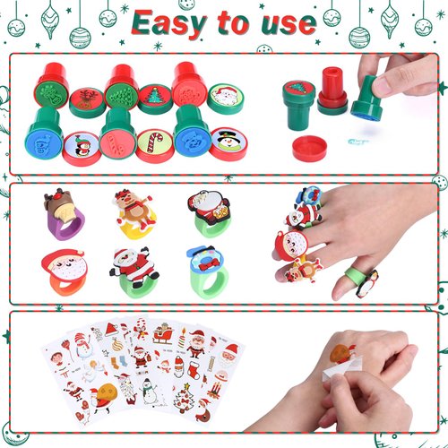 GWHOLE Christmas Party Favors Bulk, 36Pcs Drawstring Goodie Bags Christmas Gift for Classroom with Christmas Ink Stampers Key Chain Pencil Xmas Themed Rings for Kids Holiday Gift