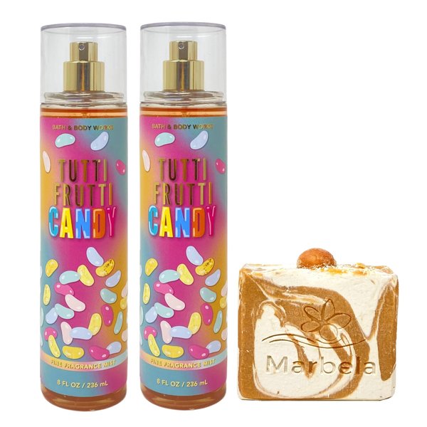 Bath & Body Works Tutti Frutti Candy 2 Pack Fragrance Mist Set with a Peach Gardenia Bar Soap - Full Size