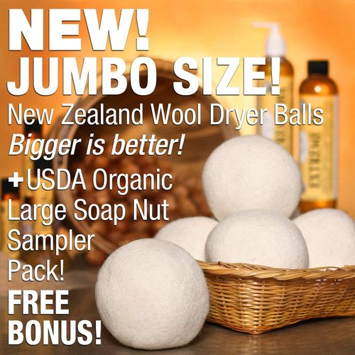 NaturOli Jumbo Wool Dryer Balls 3-Pack with Soap Nuts Sampler (23+ Loads)