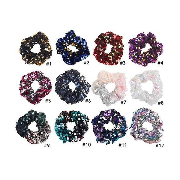 DINPREY 12 Colors Girls Mermaid Sparkly Sequins Scrunchies for Hair Eleastic Bands Hair Scrunchy Hair Ties Ropes Ponytail Holders Rubber Bands for Girls (12 Colors Set)