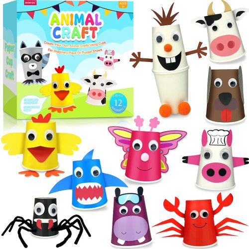 MHMYDIS Create Your Own Animal Crafts Cup - Arts and Crafts for Kids - 12 Paper Cup Art Kit Toy for 3 4 5 6 7 8 Year Old Boys Girls, 4 Year Old Girl Birthday Gifts