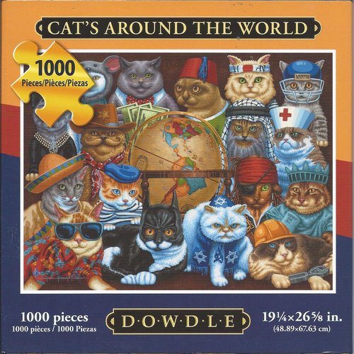 Dowdle Folk Art 1000 Piece Puzzle Cats Around World 19 1/4" x 26 5/8" Finished