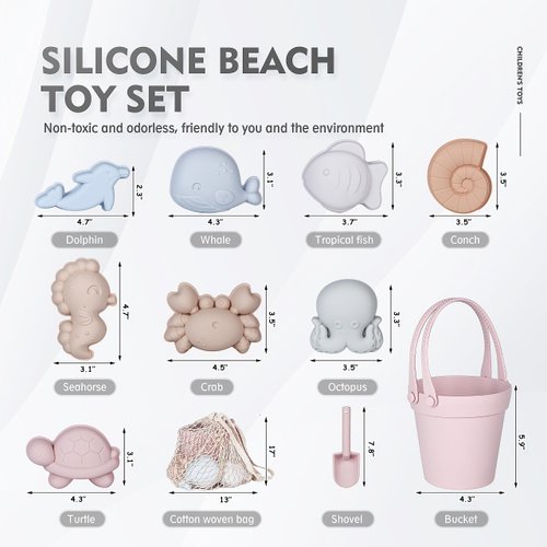 MarcZero 11Pcs Silicone Beach Toys,Modern Baby Beach Toys,Travel Friendly Beach Set,Silicone Bucket, Shovel, 8 Sand Molds, Beach Bag,Silicone Sand Toys for Toddlers, Kids (Pink)