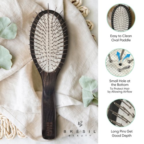 Bresil Beauty's Ash Wood Paddle Hair Brush W/Long Therapeutic Metal Pins - Better Than Boar Bristle Hair Brush I Hairbrush for Women I Dry/Wet I Detangle I Thick Fine Curly Straight Hair