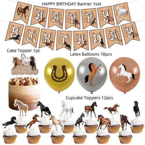 Horse Birthday Party Decorations Western Cowgirl Cowboy Party Supplies Kit with Horse Theme Happy Birthday Banner Balloon Cake Topper Cupcake Topper