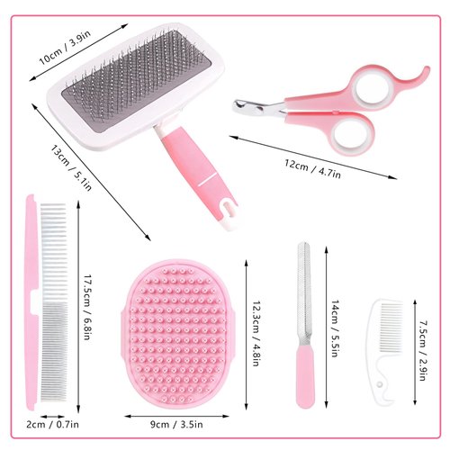 Crafterlife Small Animal Pet Grooming Kit with Pet Shedding Slicker Brush, Bath Massage Glove, Pet Grooming Comb, Nail Clipper Trimmer for Rabbit, Puppy, Kitten, Guinea Pig, Hamster, Ferret (Pink)