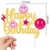 Preppy Happy Birthday Cake Topper Preppy Smile Face Birthday Party Decoration Smile Face Lightning Star Theme Party Cake Pick for Preppy Birthday Back to School Party Bachelorette Party Supplies