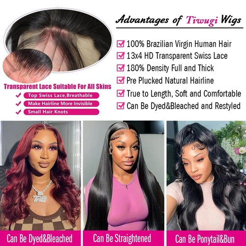 Tiwugi Body Wave Lace Front Wigs Human Hair 180% Density 13x4 HD Frontal Wigs Human Hair Pre Plucked Body Wave Glueless Wigs Human Hair for Women 20 Inch