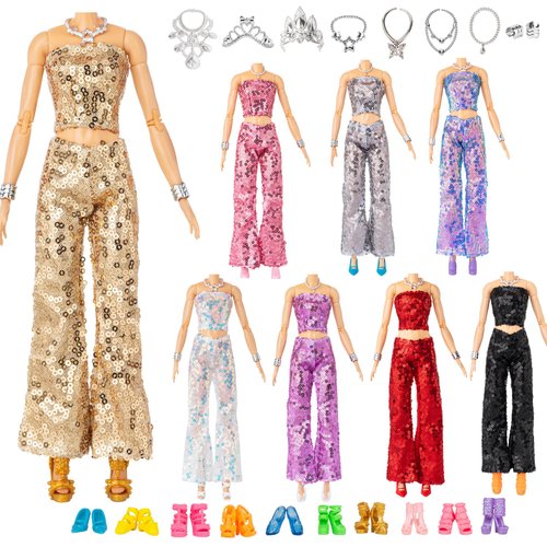 Keysse Doll Clothes and Accessories - 8 Sparkly Glitter Sequin Party Suit, Fashion and Shine,10 Mini Dress,10 Jewelry, 10 Shoes, Velcro Design, Premium Quality Safe Material ,Girls Gift Age 5-7 8-10