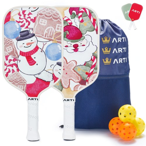 2024 ARTI Christmas Pickleball Paddles Set of 2 | Demure Pickleball Rackets Set for Men Women | 4 Balls & Carry Bag | Designed for Beginner to Intermediate | Polypropylene Honeycomb-Reinforced Core