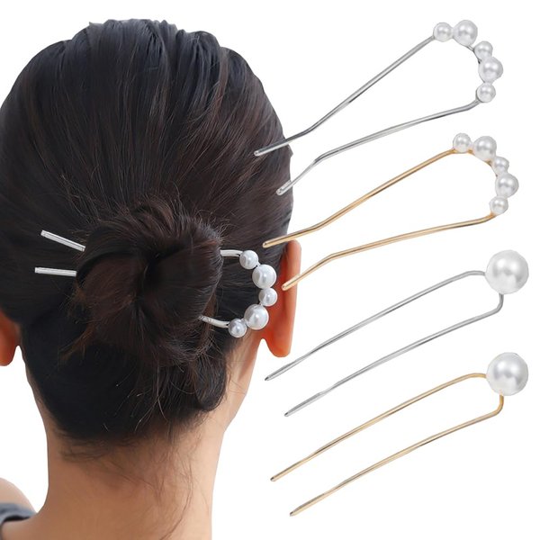 KDUPUP 4 Pack Pearl U Shaped Hairpin for Women Girls French Style Hair Pin Metal Double Prongs Hair Sticks Decoration Hairstyle Accessories (White), Onesize