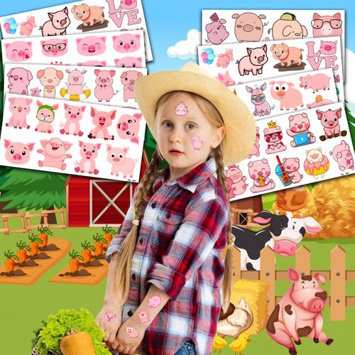 Cute Pig Temporary Tattoos Stickers Themed Barnyard Birthday Party Decorations Supplies Favors Decor 85 PCS Funny Pink Little Piggy Farm Animals Tattoo Gifts For Kids Boys Girls School Prizes Carnival