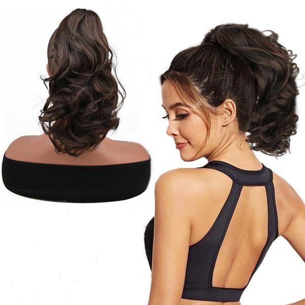 YOCXLH Ponytail Extension, 10" Claw Clip Ponytail Extension Dark Brown Short Curly Wavy Layered Natural Hair Pony tails Fake Synthetic Hairpieces for Women