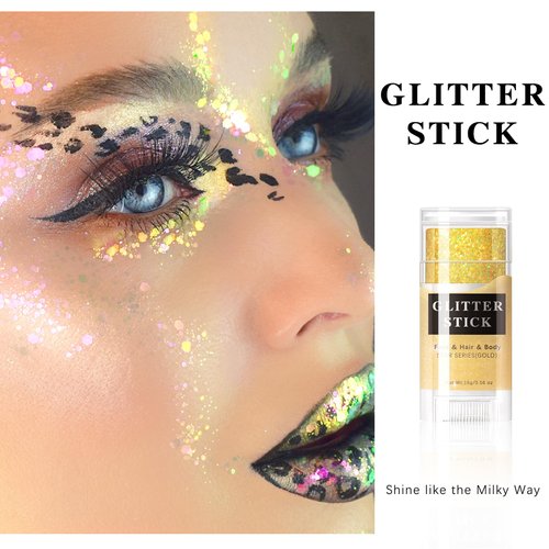 HOSAILY Gold Body Glitter Stick, Mermaid Sequins Face Glitter Gel, Holographic Chunky Glitter Face Paint for Singer Concerts Music Festival Rave Hair Accessories Sparkling Glitter Makeup for Women 01#