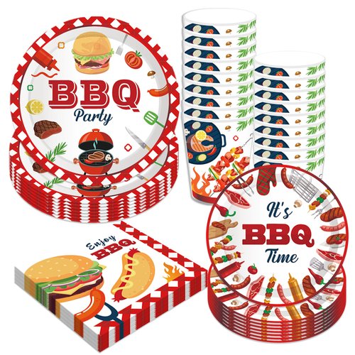 Adirasenotek BBQ Party Decorations BBQ Plates Napkins Cups,Disposable Paper Picnic supplies for Birthday, Baby Shower, Wedding, Barbecue Burgers and Grilled Meat Pattern, All Seasons