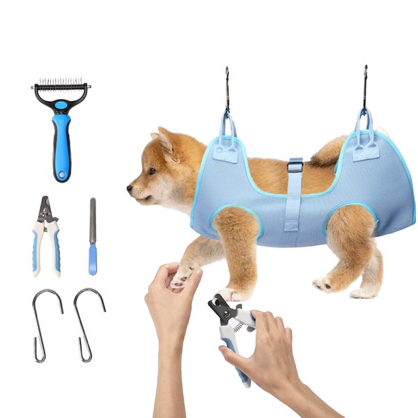 Petmolico Dog Grooming Hammock, Pet Grooming Sling Helper Dog Grooming Hammock Set - Nail Clippers/Nail Trimmers/Double-Sided Hairbrush(M,Blue)