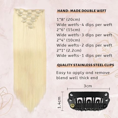 20inch Clip In Hair Extensions Real Human Hair For Women 7pcs Per Set with 16Clips 70g Blond Hair Extensions 100% Remy Virgin Human Hair Clip In Extensions Double Weft Clips Straight Soft Hair