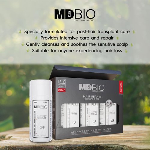 MBBIO Professional Hair Repair Shampoo Set 3 x 3.4oz – Advanced Post-Transplant Care with Growth Factors, Plant Stem Cells & DHT Blockers for Scalp Healing, Hair Strengthening, and Fuller Growth