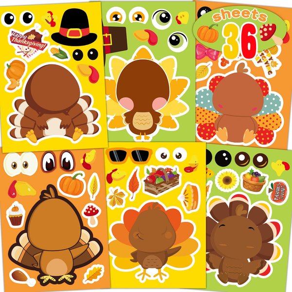 Funnlot Thanksgiving Stickers for Kids 36 Sheets Make A Turkey Stickers Thanksgiving Party Games for Kids Thanksgiving Arts and Crafts for Kids for Thanksgiving Games Supplies
