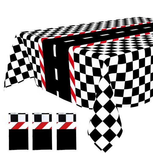3pcs Plastic Race Car Tablecloths Race Car Birthday Party Decorations Black Checkered Flag Table Covers Car Theme Disposable Tablecloths for Boys Birthday Baby Shower Party Decor (3Pcs, 54 x 108 Inch)