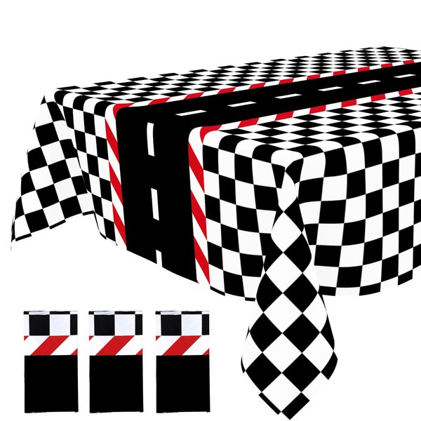 3pcs Plastic Race Car Tablecloths Race Car Birthday Party Decorations Black Checkered Flag Table Covers Car Theme Disposable Tablecloths for Boys Birthday Baby Shower Party Decor (3Pcs, 54 x 108 Inch)