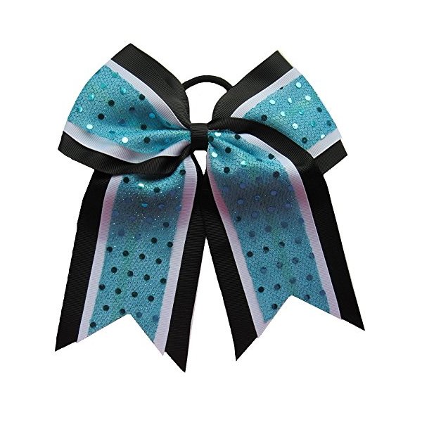 New "CONFETTI DOTS Aqua Black" Cheer Bow Pony Tail 7 Inch Girls Hair Bows Cheerleading Dance Practice Football Games Competition Birthday Grosgrain Ribbon