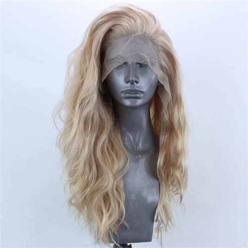 ELESTY Long Natural Curly Glueless Lace Front Wig Gloden Blonde Synthetic Lace Front Wigs for Women Left Part Glueless Heat Resistant Fiber Hair Daily Party Wig …