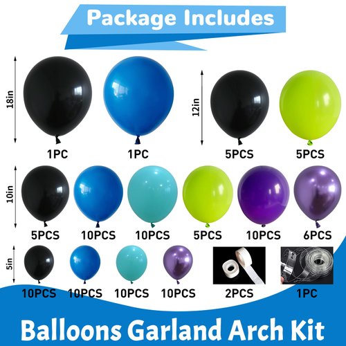 HILAVO Purple Blue Black Green Balloon Garland Kit Video Game Party Balloons Arch with Metallic Purple Latex Helium Balloon for Boys Gamer Theme Night Birthday Baby Shower Party Decorations Supplies