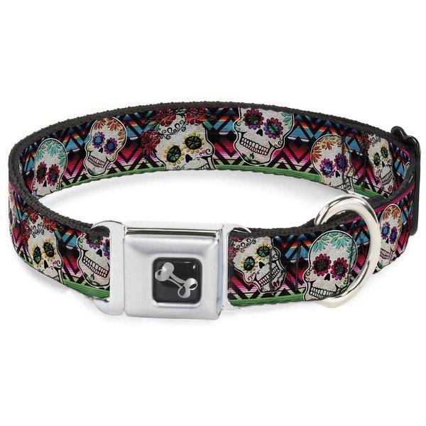 Buckle-Down Dog Collar Seatbelt Buckle Sugar Skulls Zarape Multi Color 18 to 32 Inches 1.5 Inch Wide (DC-W34561-WL)
