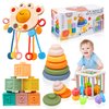 OUWANCH Montessori Toys for Babies 6-12 Months, 4 in 1 Montessori Baby Toys, Soft Baby Teething Toys, Stacking Building Blocks & Rings for Infants, Sensory Bin Toys