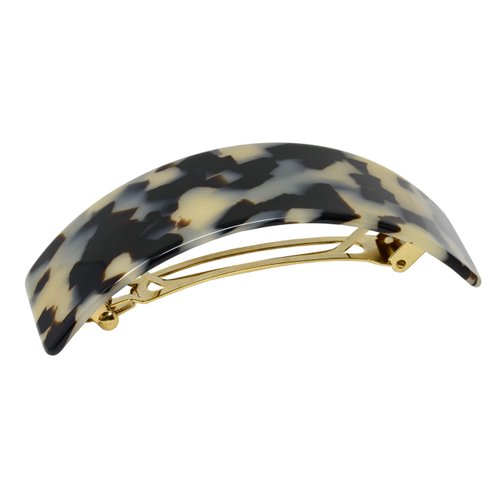 French Amie Broad Curved Oblong White Tokyo 3 3/4” Celluloid Automatic Extra Wide Volume Hair Clip Barrette with Golden Clasp for Women and Girls