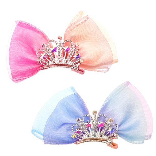 2 Pcs Mini Tiara Hair Clip Princess Crowns for Little Girls, Crown Hair Barrettes Cute Metal Snap Bow Hair Clips for Girls Kids Birthday Hair Styling