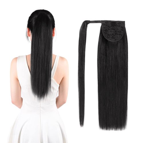 Winsky 14" Human Hair Ponytail Extension Wrap Around - Jet Black Silky Straight Pony Tail Real 100% Real Remy Hair Extensions for Women (14 Inch #1, 80gram)