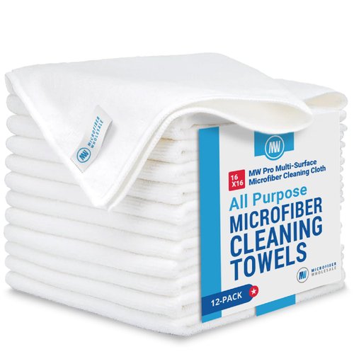 MW Pro Microfiber Cleaning Cloth | White (12 Pack) | Size 16" x 16" | All Purpose Microfiber Towels - Clean, Dust, Polish, Scrub, Absorbent