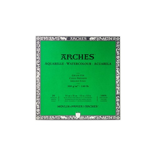 Arches Watercolor Block 12x12-inch Natural White 100% Cotton Paper - 20 Sheets of Arches Watercolor Paper 140 lb Cold Press - Arches Art Paper for Watercolor Gouache Ink Acrylic and More