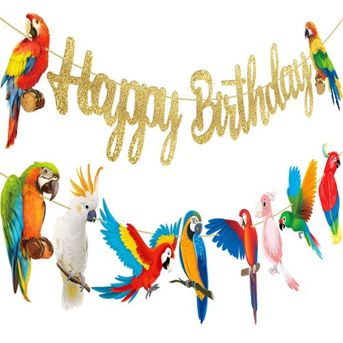 Tropical Parrot Birthday Banners Parrot Happy Birthday Paty Decoration Brids Cutout Banner Toucan Parrot Party Hanging Decor for Hawaiian Summer Luau Baby Shower Supplies