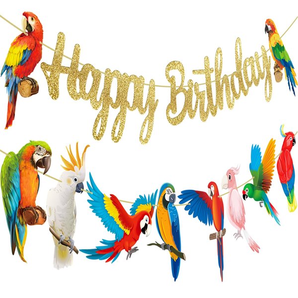 Tropical Parrot Birthday Banners Parrot Happy Birthday Paty Decoration Brids Cutout Banner Toucan Parrot Party Hanging Decor for Hawaiian Summer Luau Baby Shower Supplies