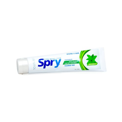 Spry Xylitol Toothpaste 5oz, Fluoride Free Toothpaste Adult and Kids, Teeth Whitening Toothpaste with Xylitol, Natural Breath Freshening, Mouth Moisturizing Ingredients, Spearmint (Pack of 1)