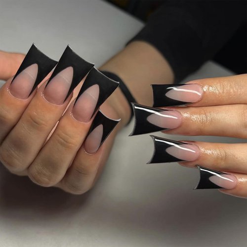 IMSOHOT Duck Press on Nails Medium Duck Feet Flared Fake Nails Black French Tips Nails Glossy Glue on Nails Full Cover Nude Gel Acrylic False Nails for Women 24Pcs