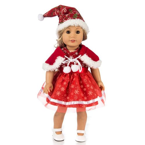 TianBo 3pc Christmas 18 Inch Doll Clothes Red Color Including Snowflake Hat Shawl Dresses Outsuits for Girl Doll and Other 18 Inch Girl Dolls Daughter's Gift, ZKB10 (Red-Snowflake)