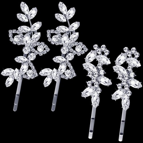OIIKI 4PCS Silver Rhinestones Hair Clips for Women, Alloy Diamond Hair Pins, Leaf Shape Crystal Hair Bobby Pins for Women, Girls, Brides for Parties, Wedding (2 Styles)