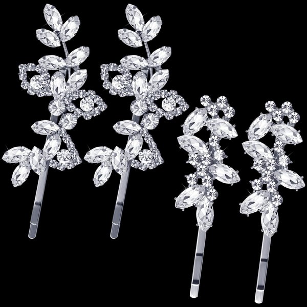 OIIKI 4PCS Silver Rhinestones Hair Clips for Women, Alloy Diamond Hair Pins, Leaf Shape Crystal Hair Bobby Pins for Women, Girls, Brides for Parties, Wedding (2 Styles)