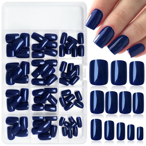 LoveOurHome 240pc Square Press on Nails Short Fake Nails Glue on Nail Short Blue Acrylic Nails Press ons Nail Tips Full Cover False Nail Square Artificial Fingernail & Adhesive Tabs for Women Girls