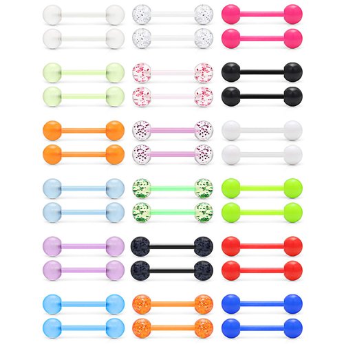 Ftovosyo 14G 16mm Glow in Dark Flexible Acrylic Straight Tongue Nipple Ring Retainer Body Piercing Jewelry for Women Men 36PCS Mix Color Bioflex Plastic Acrylic Nipplering