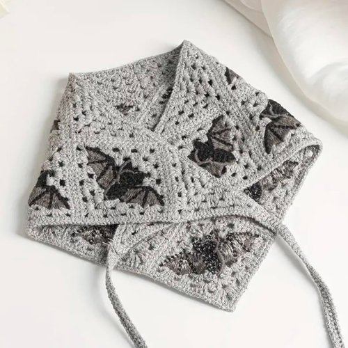 ClawsandPaws Black Gothic Crochet Bandana Scarf, Spiderweb Greyscale Halloween Style, Gothic Neck Bandanas, Triangle Headband, Unisex (Grey Bat)
