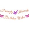 Ushinemi Glitter Butterfly Birthday Decorations Rose Gold Butterfly Kisses and Birthday Wishes Banner for Girl, Butterfly Themed Birthday Party Supplies