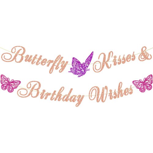 Ushinemi Glitter Butterfly Birthday Decorations Rose Gold Butterfly Kisses and Birthday Wishes Banner for Girl, Butterfly Themed Birthday Party Supplies
