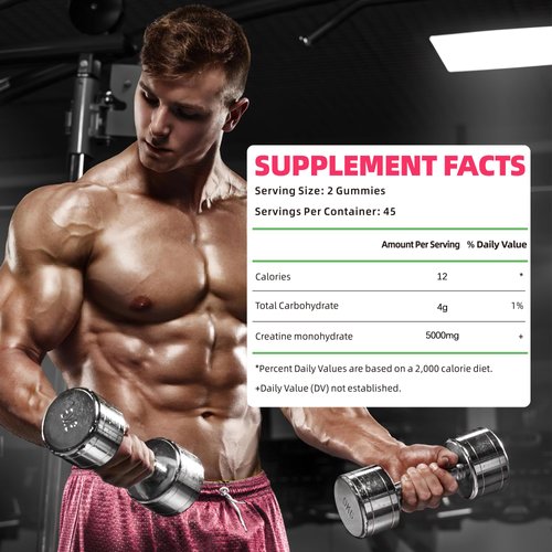 Novomins Creatine Monohydrate Gummies 5000mg for Men & Women, Chewables Creatine Monohydrate for Muscle Strength, Muscle Builder, Energy Boost, Pre-Workout Supplement(90 Count)-Strawberry Flavor