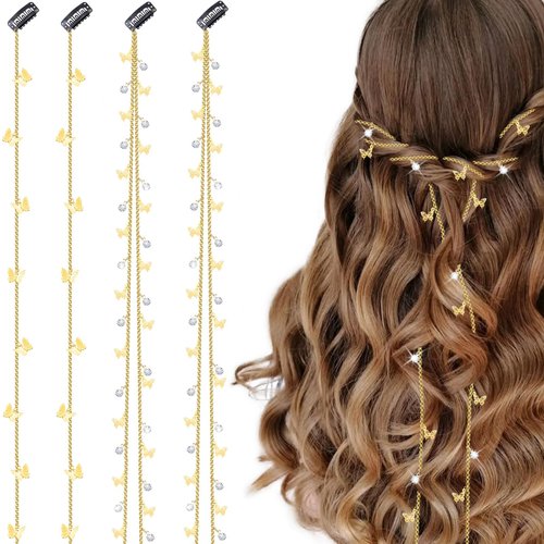 Dexspoeny 4pcs Butterflies Hair Braided Chain, Rhinestones Hair Jewelry, Butterflies Hair Clips, Tassel Hair Accessories for Girls Women Gift (Gold)